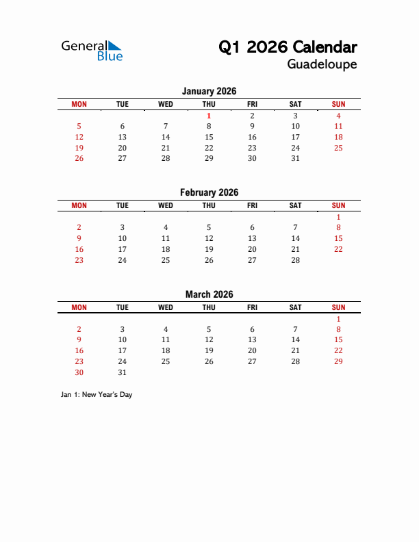 2026 Q1 Calendar with Holidays List for Guadeloupe