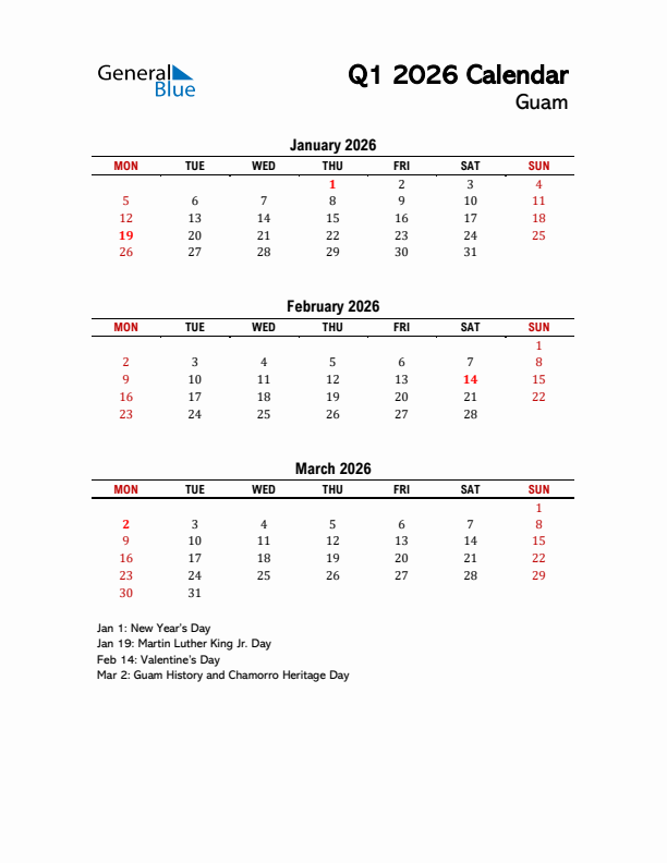 2026 Q1 Calendar with Holidays List for Guam