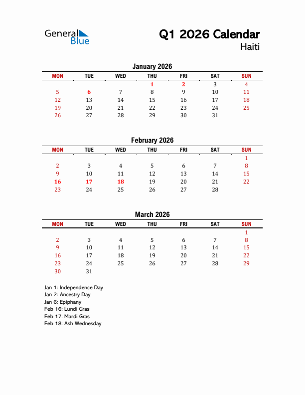 2026 Q1 Calendar with Holidays List for Haiti