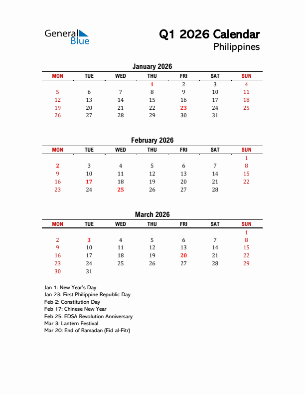 2026 Q1 Calendar with Holidays List for Philippines