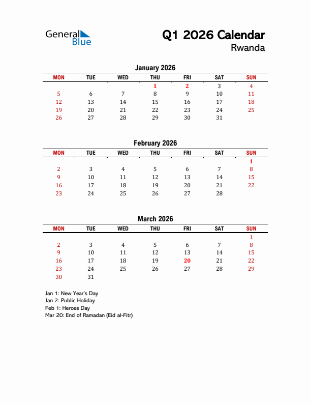 2026 Q1 Calendar with Holidays List for Rwanda