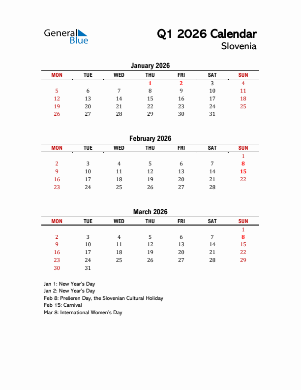 2026 Q1 Calendar with Holidays List for Slovenia