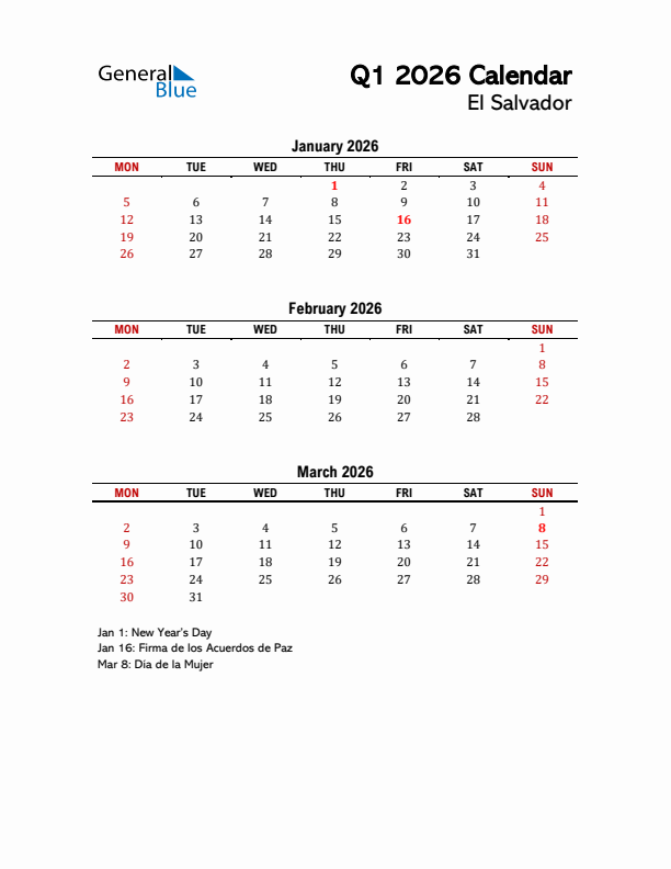 2026 Q1 Calendar with Holidays List for El Salvador