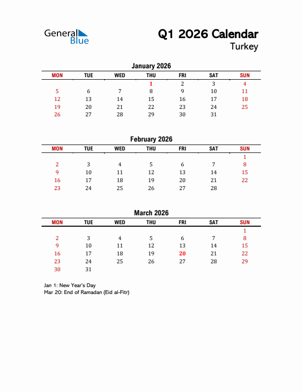 2026 Q1 Calendar with Holidays List for Turkey