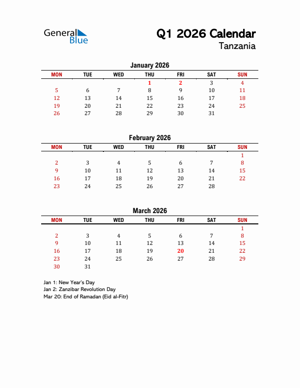 2026 Q1 Calendar with Holidays List for Tanzania