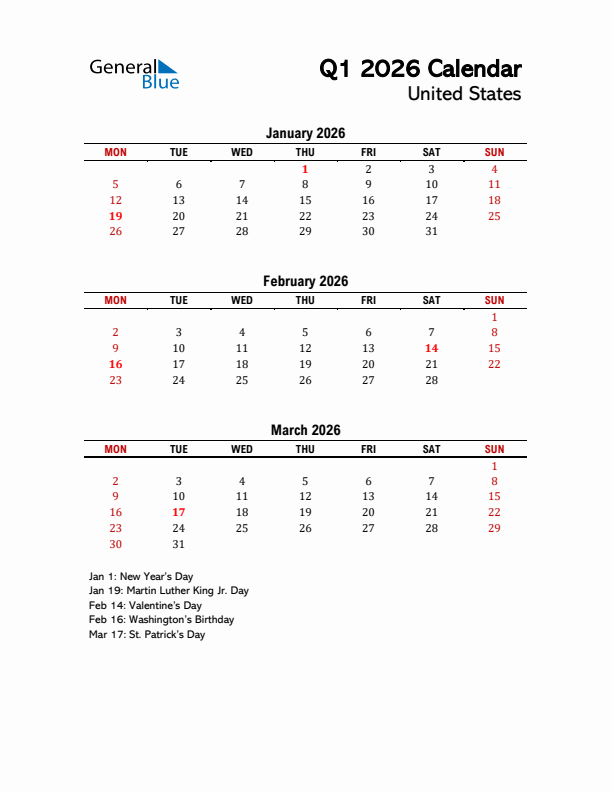 2026 Q1 Calendar with Holidays List for United States