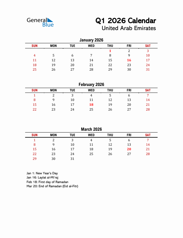 2026 Q1 Calendar with Holidays List for United Arab Emirates