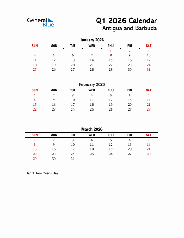 2026 Q1 Calendar with Holidays List for Antigua and Barbuda