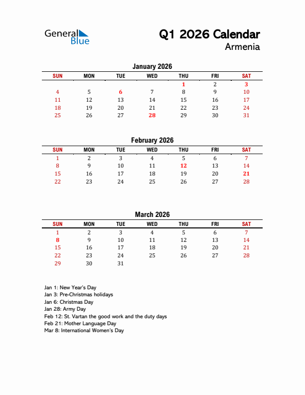 2026 Q1 Calendar with Holidays List for Armenia