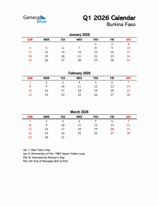 2026 Q1 Calendar with Holidays List for Burkina Faso