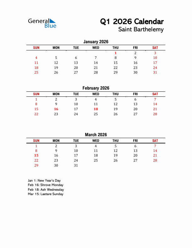 2026 Q1 Calendar with Holidays List for Saint Barthelemy