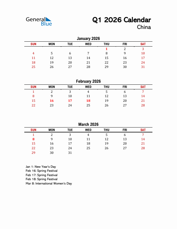 2026 Q1 Calendar with Holidays List for China