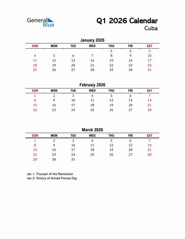 2026 Q1 Calendar with Holidays List for Cuba