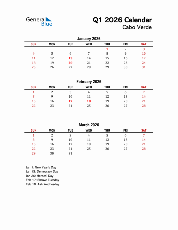 2026 Q1 Calendar with Holidays List for Cabo Verde