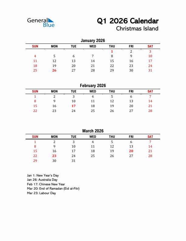 2026 Q1 Calendar with Holidays List for Christmas Island