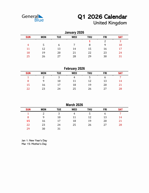 2026 Q1 Calendar with Holidays List for United Kingdom