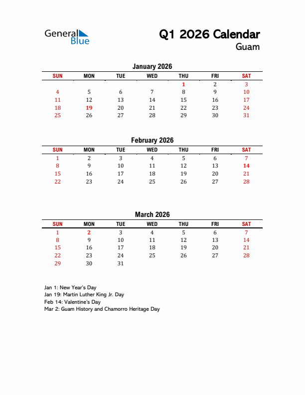 2026 Q1 Calendar with Holidays List for Guam