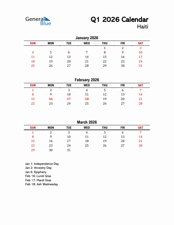 2026 Q1 Calendar with Holidays List for Haiti