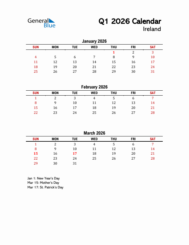 2026 Q1 Calendar with Holidays List for Ireland