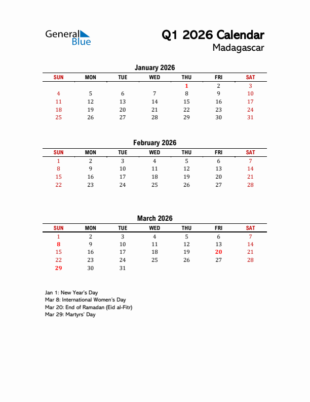 2026 Q1 Calendar with Holidays List for Madagascar