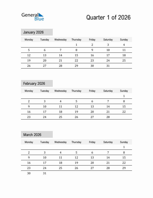 January, February, and March Calendar 2026