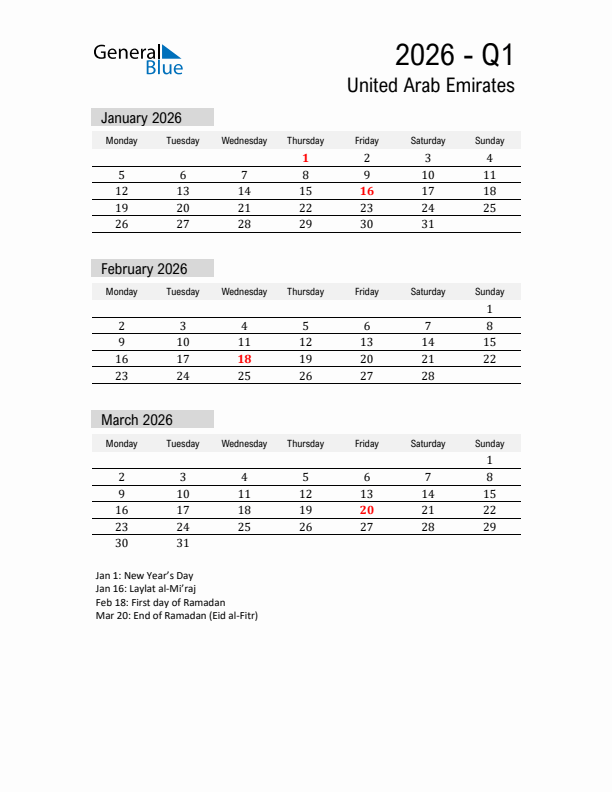 United Arab Emirates Quarter 1 2026 Calendar with Holidays