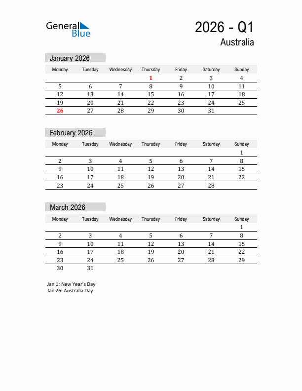 Australia Quarter 1 2026 Calendar with Holidays