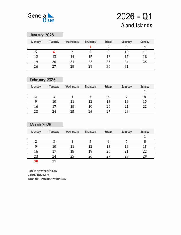 Aland Islands Quarter 1 2026 Calendar with Holidays