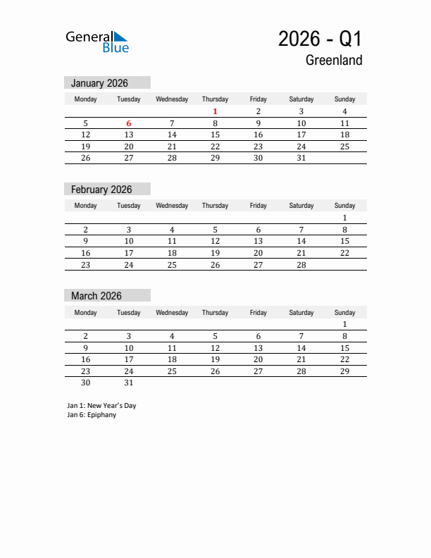 Greenland Quarter 1 2026 Calendar with Holidays