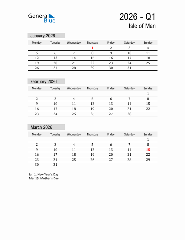 Isle of Man Quarter 1 2026 Calendar with Holidays