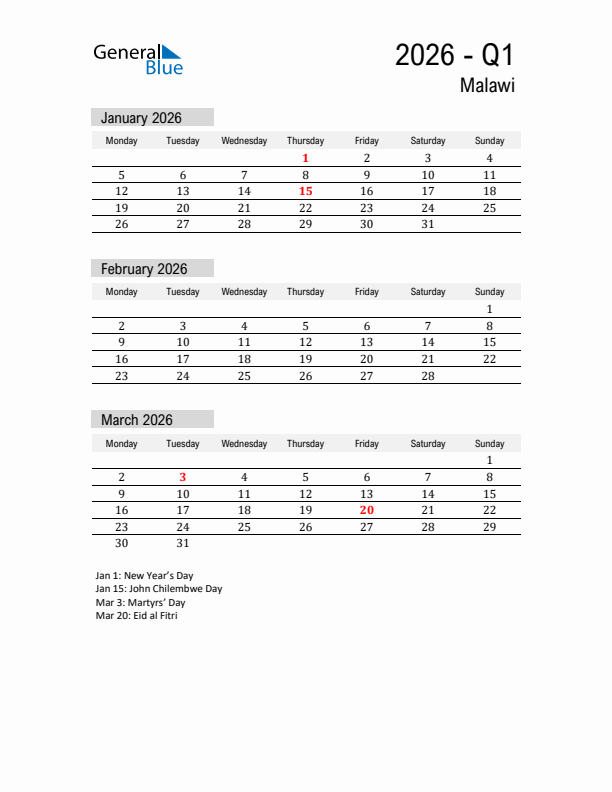 Malawi Quarter 1 2026 Calendar with Holidays