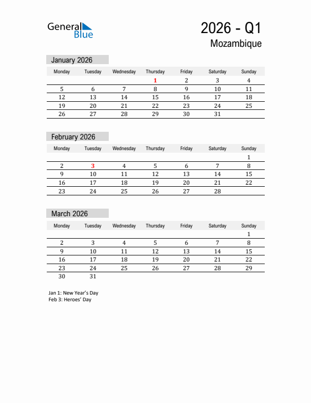 Mozambique Quarter 1 2026 Calendar with Holidays