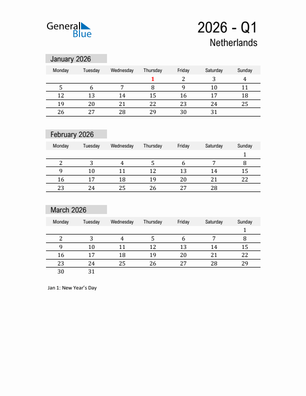 The Netherlands Quarter 1 2026 Calendar with Holidays