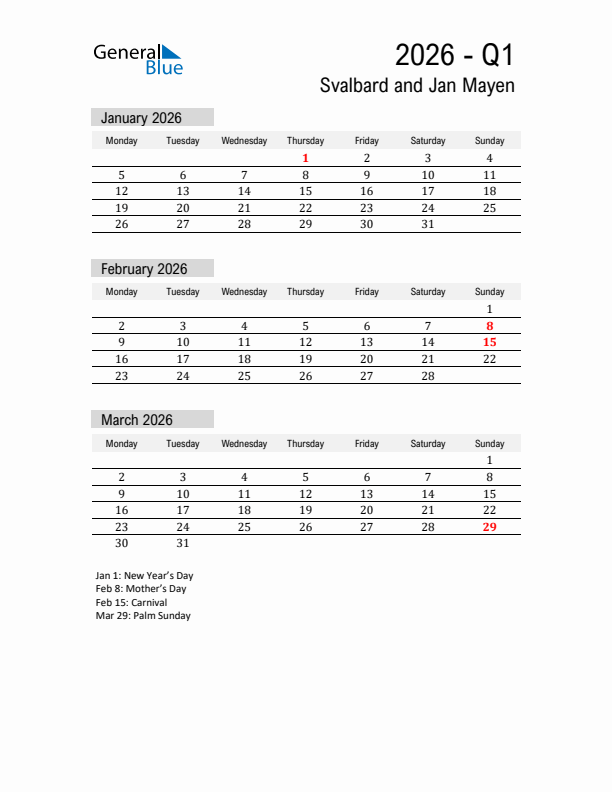 Svalbard and Jan Mayen Quarter 1 2026 Calendar with Holidays