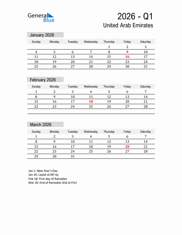 United Arab Emirates Quarter 1 2026 Calendar with Holidays