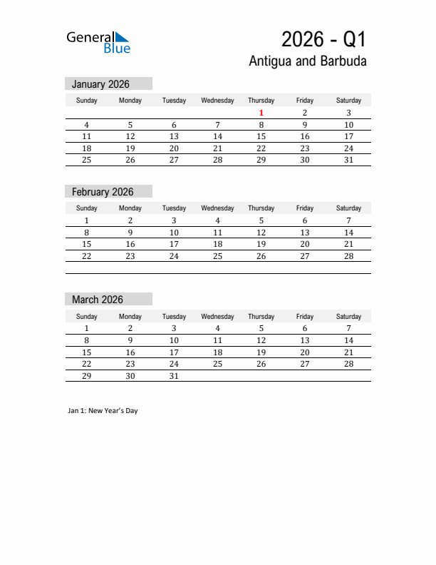 Antigua and Barbuda Quarter 1 2026 Calendar with Holidays