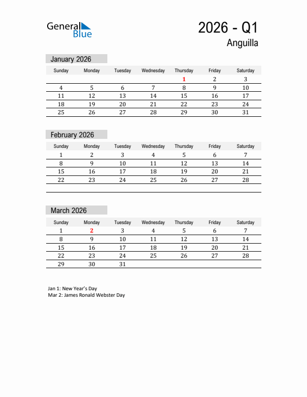 Anguilla Quarter 1 2026 Calendar with Holidays