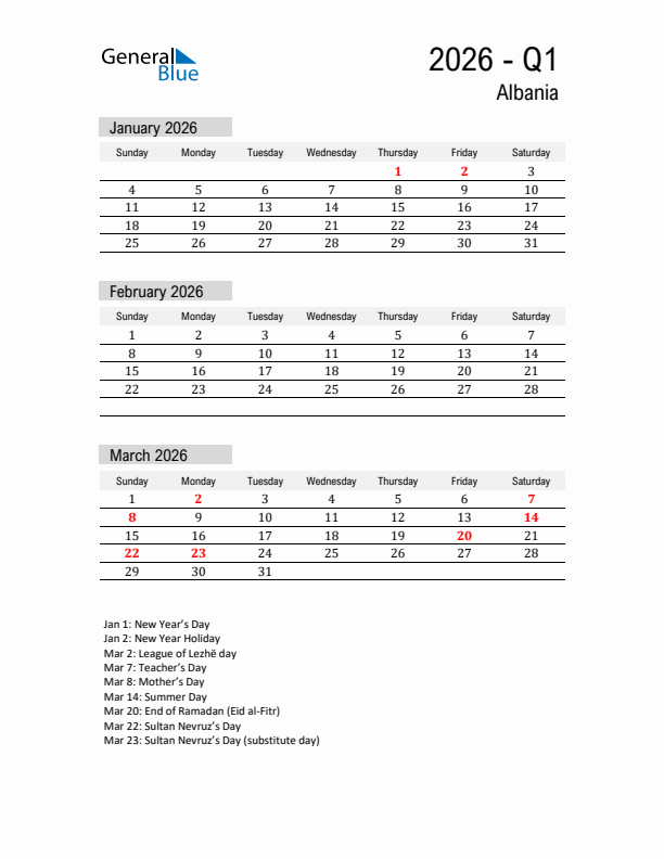 Albania Quarter 1 2026 Calendar with Holidays