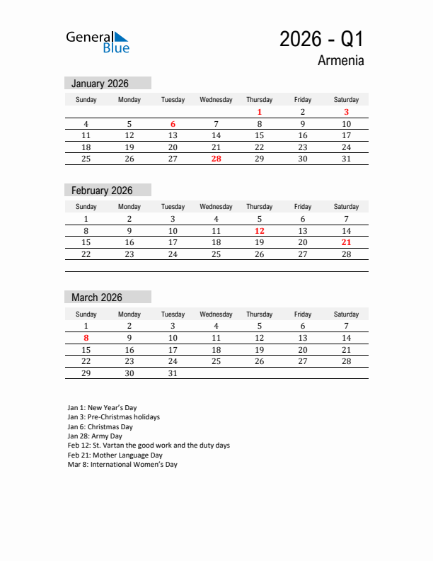 Armenia Quarter 1 2026 Calendar with Holidays