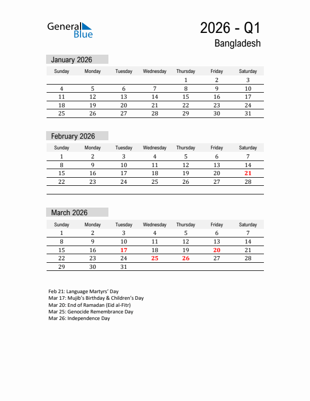 Bangladesh Quarter 1 2026 Calendar with Holidays