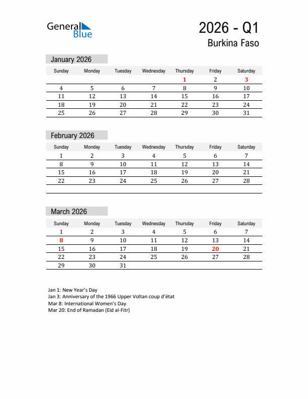 Burkina Faso Quarter 1 2026 Calendar with Holidays