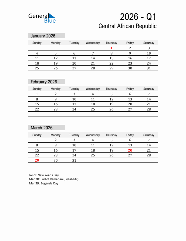 Central African Republic Quarter 1 2026 Calendar with Holidays
