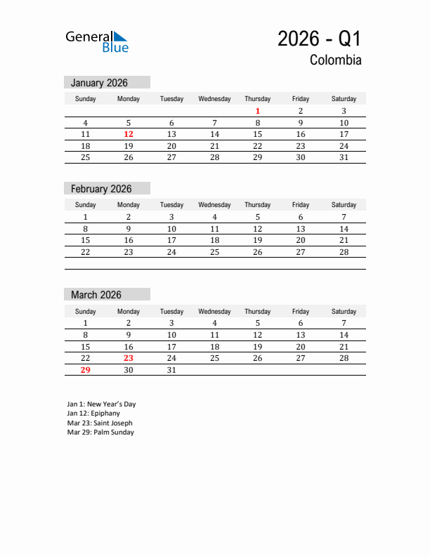 Colombia Quarter 1 2026 Calendar with Holidays