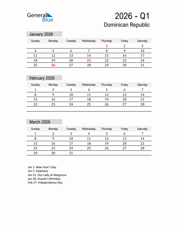 Dominican Republic Quarter 1 2026 Calendar with Holidays