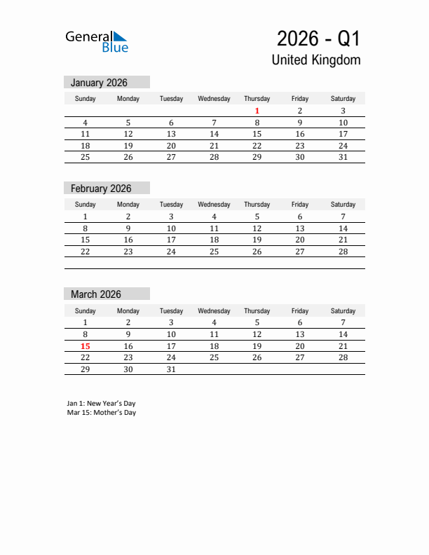 United Kingdom Quarter 1 2026 Calendar with Holidays