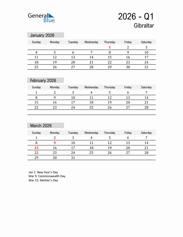 Gibraltar Quarter 1 2026 Calendar with Holidays