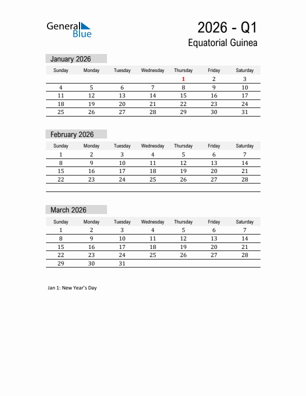 Equatorial Guinea Quarter 1 2026 Calendar with Holidays