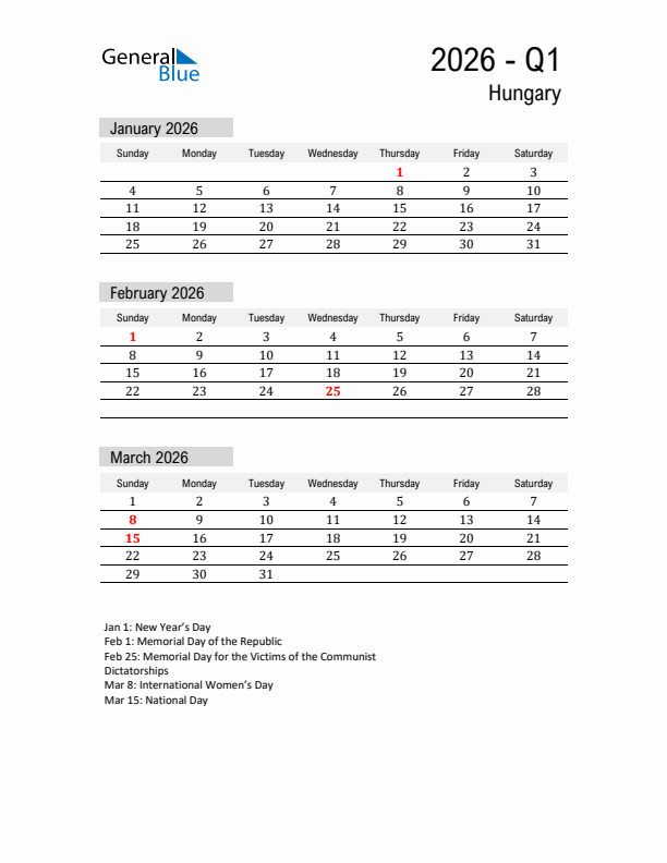 Hungary Quarter 1 2026 Calendar with Holidays