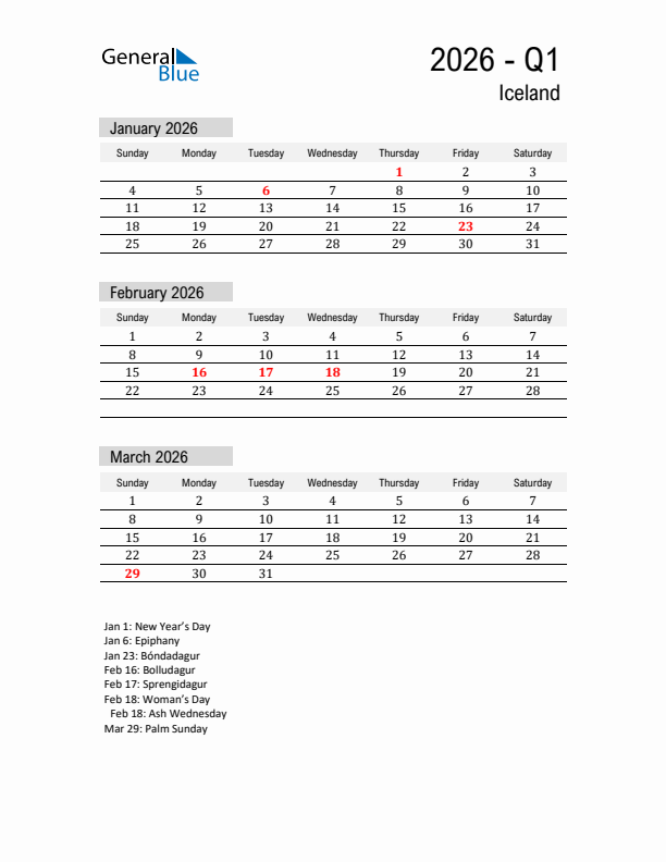 Iceland Quarter 1 2026 Calendar with Holidays