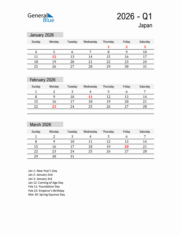 Japan Quarter 1 2026 Calendar with Holidays